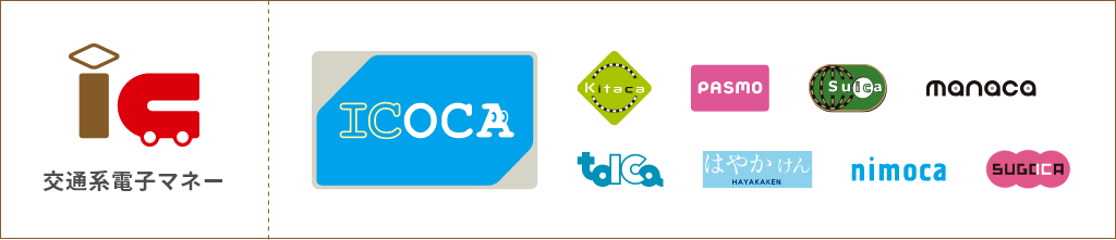 対象交通系電子マネー:ICOCA,Kitaca,PASMO,Suica,manaca,TOICA,はやかけん,nimoca,SUGOCA